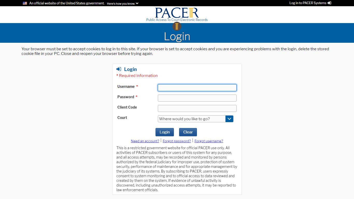 PACER: Login